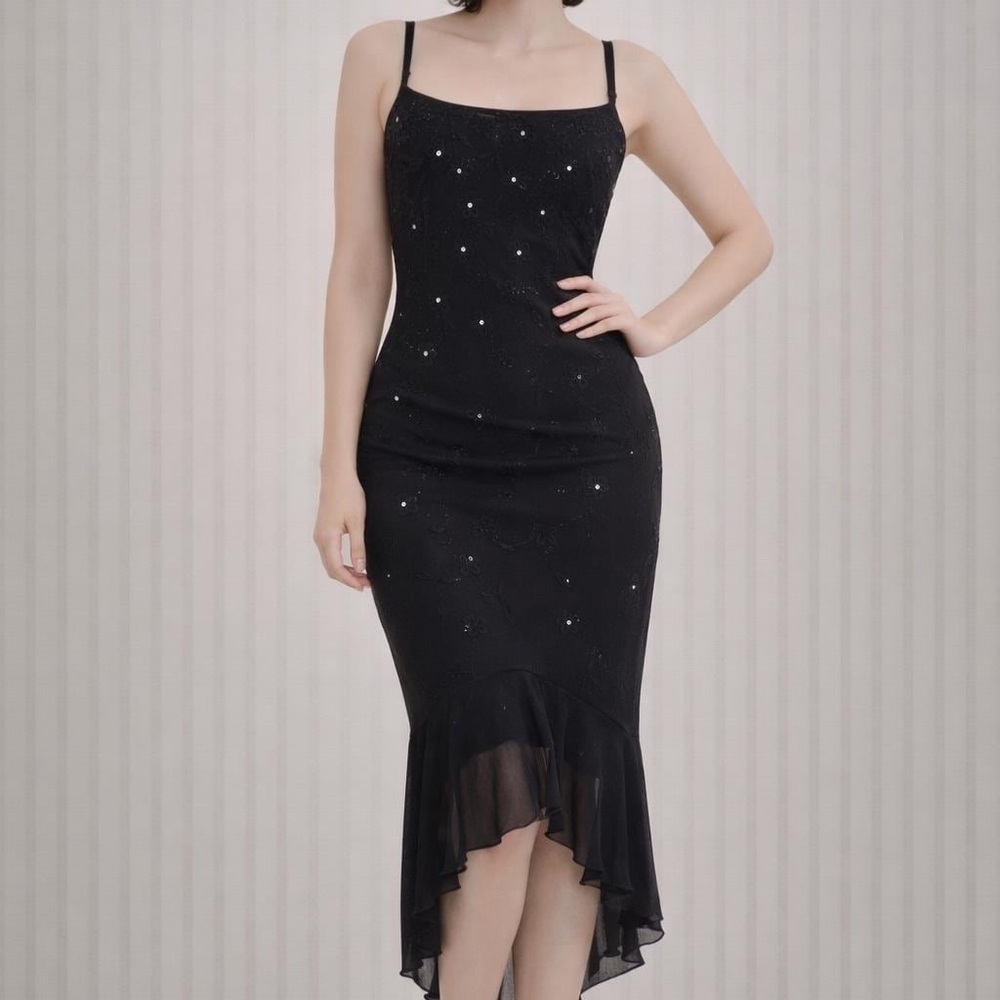 NWT Rampage Black Midi Dress with beaded flowers diamonds Spaghetti Straps small